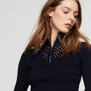 Sandro Womens Navy Cutout Knit Sweater Half Zip